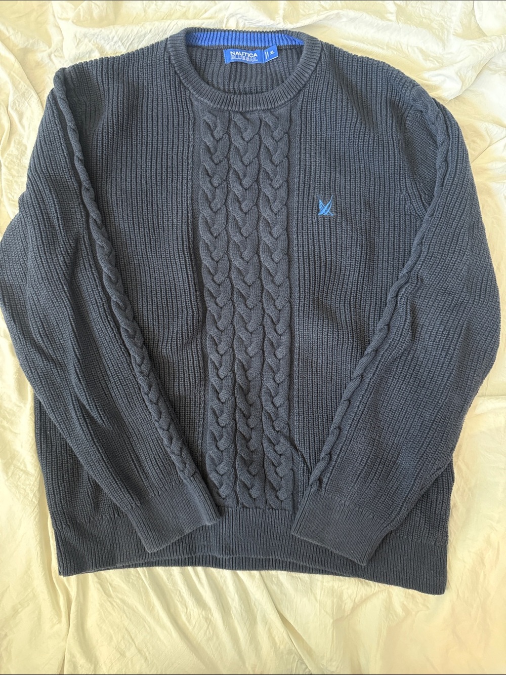 Nautica Men's Dark Navy Cable Knit Crewneck Sweater with Blue Logo